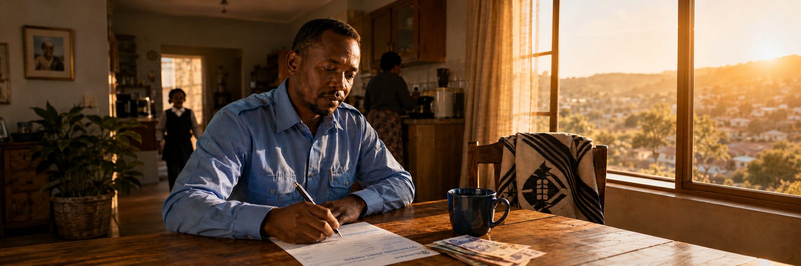 A man signs a stop order at a kitchen table in warm evening light, his family in the kitchen behind him.