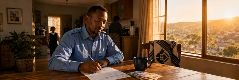 A man signs a stop order at a kitchen table in warm evening light, his family in the kitchen behind him.