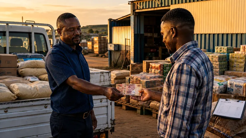 At a wholesale depot, a shopkeeper hands banknotes to a supplier beside a truck loaded with stock.