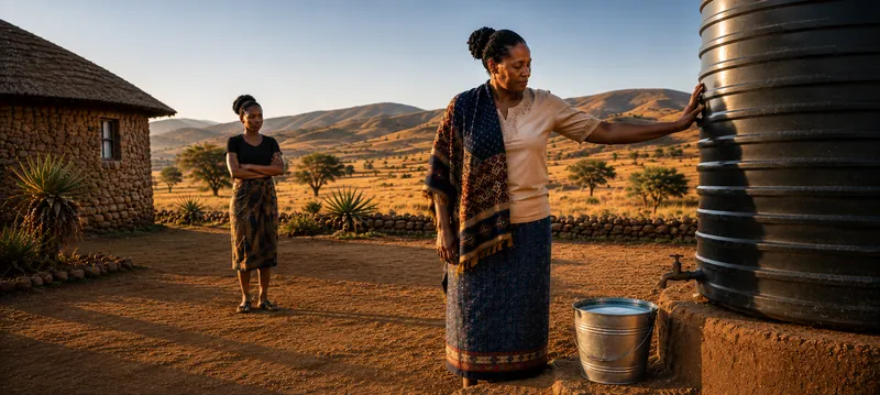 A woman rests her hand on a large corrugated water tank at a homestead, a bucket beneath its tap, dry hills beyond.