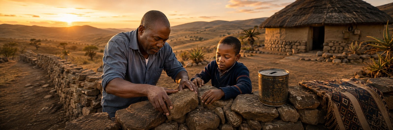 A man and a boy lay stones on a homestead wall at sunset, a tin savings can resting on the stones.